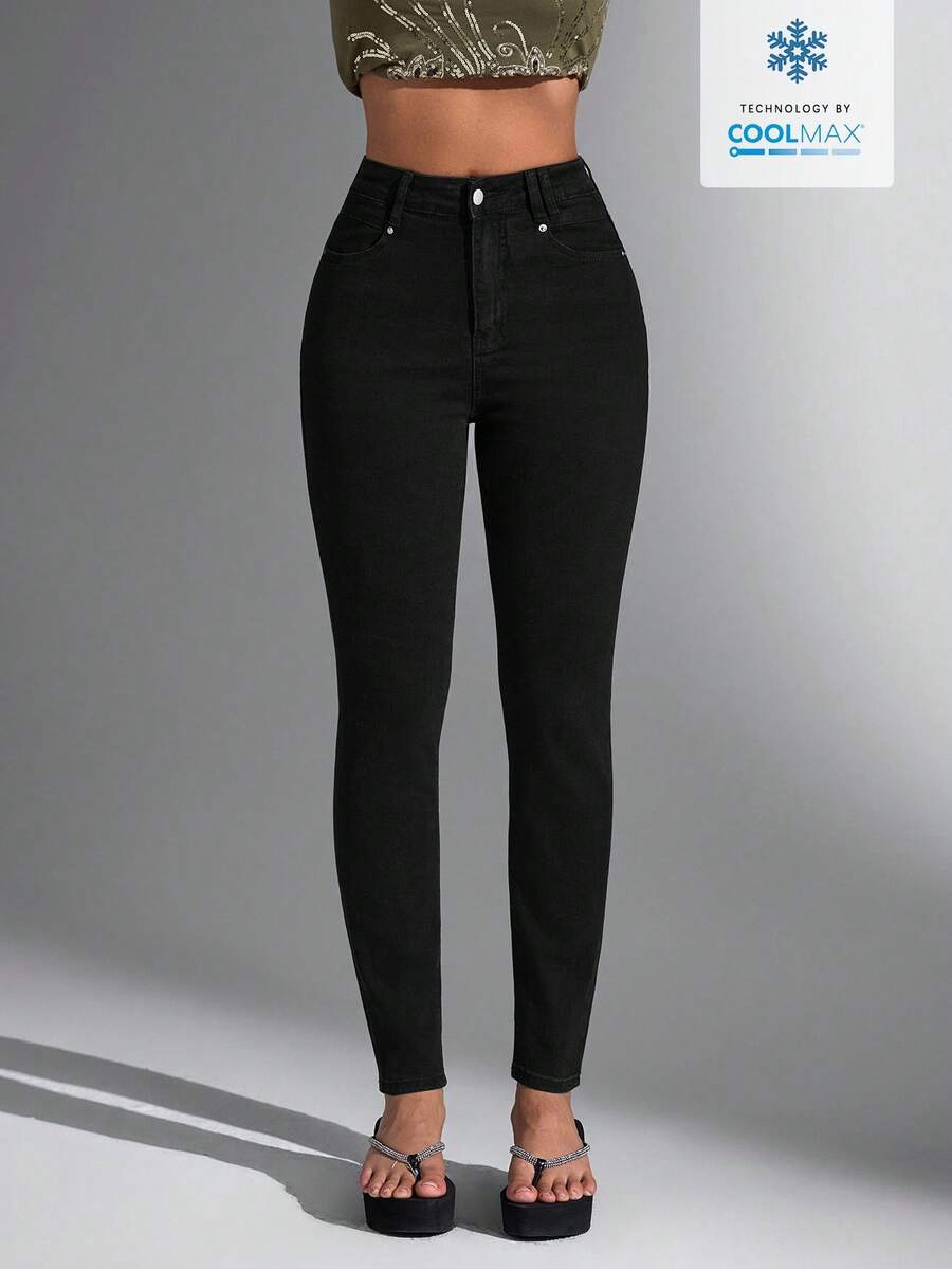 Jeanoix Quần jeans nữ dáng ôm, màu trơn, túi xéo, co giãn, kiểu dáng thường ngày, đa năng. - màu đen - Xem 1