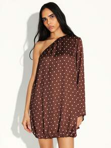 KSTM One Shoulder Asymmetric Mini Dress With Polka Dot Pattern And Balloon Hem Detail For Evening Occasions - Brown - View 5