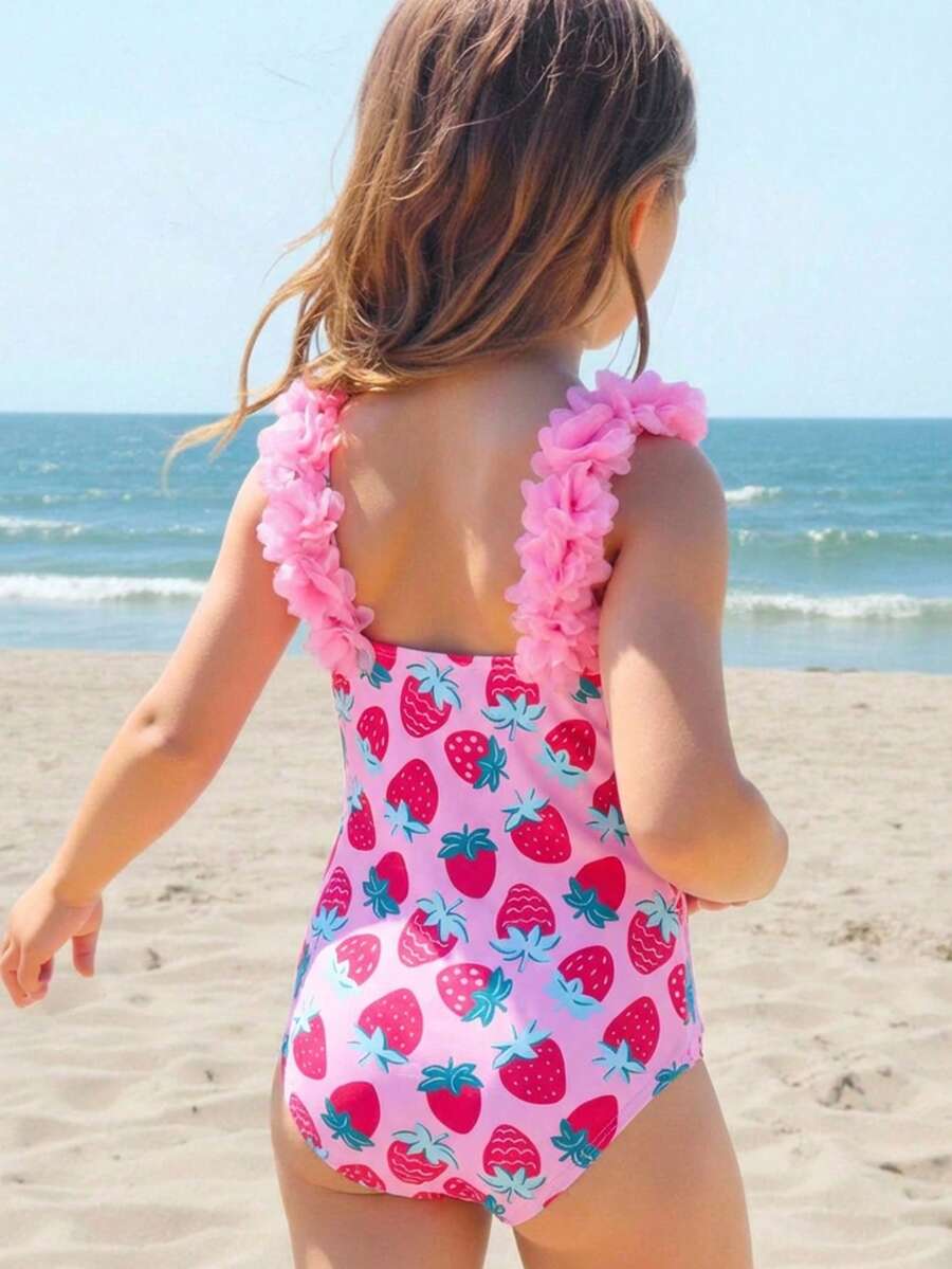 SHEIN Young Girl Ptinted Spaghetti Strap Bikini Top - Pink - View 1