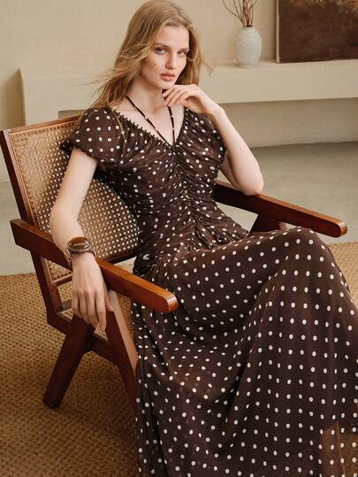 Arave Women's Woven Chiffon Long Dress In Brown Polka Dot Fabric, V-Neck, Hooded Sleeves, Gathered Halter Neck Design, Elegant For Dates Vacation Outfits Women Elegant Dresses For Women Spring Clothing