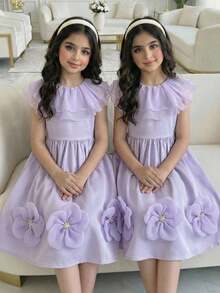 SHEIN Young Girl Woven Solid Color Ruffle Floral Casual Dress - Purple - View 7