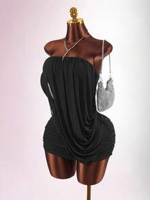 Amplova 2026新款黑色撞色蕾丝性感无肩带迷你连衣裙（女款） - 黑色 - 查看 6