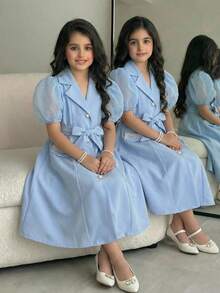 SHEIN Tween Girl Spring/Summer Collared Button-Up Long Cardigan Dress With Pearl Decor Sash - Blue - View 5