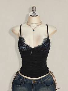 SHEIN ICON Contrast Lace Ruched Y2k Cami Top - Black - View 3
