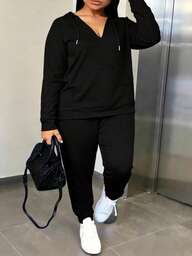 Curvy Women's Sporting Two Set, Pull Over Sweatshirt With Hat And Front Card And,, Sporting, Yoga Type, Extra Size.