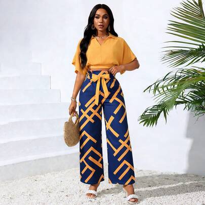 Conjunto De 2 Piezas Con Top De Unicolor Y Pantalones De Pierna Ancha, Adecuado Para Conjuntos De Verano, Vacaciones De Verano, Pantalones De Verano Para Mujer