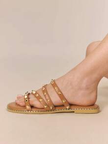 Styleloop Women's Flat One-Strap Sandals, New Summer Fashion Versatile Flat Rivet Shoes, Beach & Vacation Casual Series - Brown - View 5