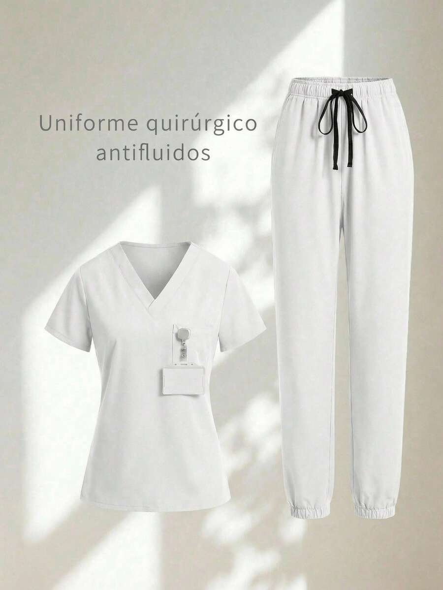 Set Surgical Uniform Set 2 Pieces Lady Woman Sleeve Short Neck V Pants Jogger Spring Comfy Drawstring - White - View 1
