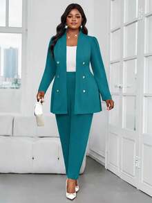 SHEIN Lady Bộ đồ công sở cỡ lớn mùa thu đông thanh lịch màu xanh công tước, cổ đứng, cúc vàng, tay dài, phối hợp màu sắc trang trọng, bộ vest nữ công sở hai mảnh, trang phục công sở nữ, bộ đồ công sở sang trọng cho nữ, bộ đồ công sở thường ngày hai mảnh cho nữ, trang phục công sở thường ngày cho nữ. - Màu xanh ngọc - Xem 5