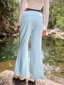 Medorelle Women's Casual Versatile Solid Color Flare Pants Light Blue Women Vacation Pants - Blue - View 2