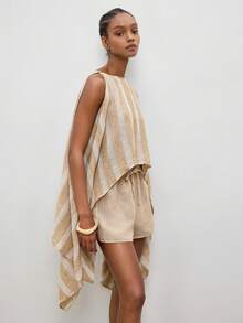 Maija Women's Striped Shawl Top With Split Cuffs, Beaded Decor, Elastic Waist Shorts With Drawstring, 2 Pieces Set, Autumn Elegant Casual Beach Khaki - Khaki - View 4