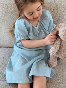 DAZY Young Girl Round Neck Button Pleated Casual Nightgown - Blue - View 8