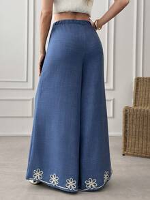 EURMUSE Women, Spring, Summer, Pant, Embroidery, Navy, Linen Look, Loose Fit, - Navy Blue - View 2