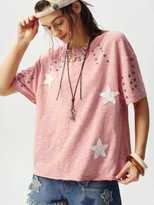 Bohemela 波西米亚风春夏休闲粉色针织圆领短袖宽松水洗女式T恤，刺绣贴花和亮片设计，情人节、返校季、嘉年华服装 - 粉色 - 查看 3