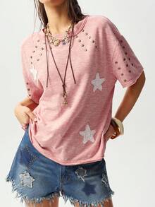 Bohemela 波西米亚风春夏休闲粉色针织圆领短袖宽松水洗女式T恤，刺绣贴花和亮片设计，情人节、返校季、嘉年华服装 - 粉色 - 查看 2