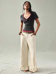 SoleilVie 女士休闲针织撞色蕾丝短袖修身T恤 - 黑色 - 查看 3