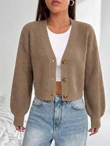 EURMUSE White Lantern Sleeve Button Front Rib Knit Cardigan - Beige - View 4