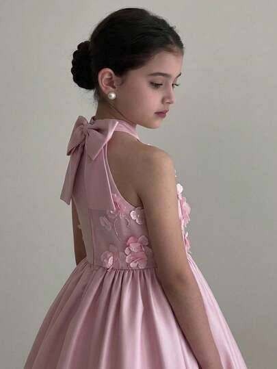 SHEIN Tween Girl Floral Decor Ruffle Elegant Party Dress