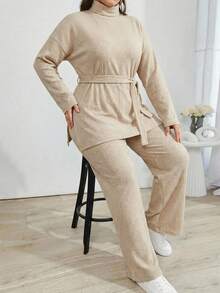Solid Color Turtleneck Casual Soft Form Modest Sweater 2pcs/Set Lounge Date Night Apricot Autumn - Beige - View 3
