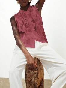 Aveloria Modichic Áo không tay kiểu Pháp thanh lịch, lãng mạn, đa năng dành cho nữ, màu trắng, chất liệu voan mỏng, có họa tiết nhăn, cổ áo xếp tầng nhiều lớp. - Màu Hồng baby - Xem 5