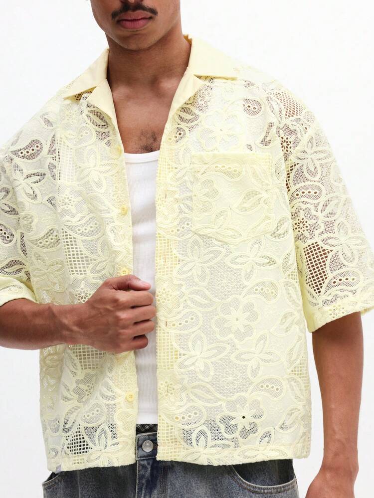 Mens Boxy Fit Embroidered Lace Resort Shirt Short Sleeve Button Down Collared Summer Vacation Beach Casual Top