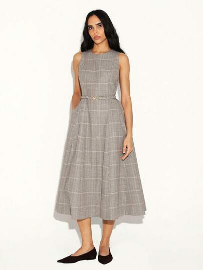 KSTM Plaid Sleeveless Midi Dress With Belt Round Neck A Line Fit Flare Professional Office Workwear Business Casual Fall Winter