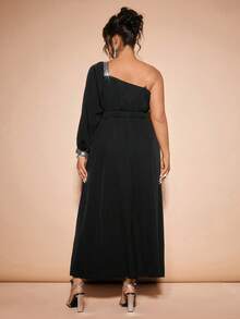 Cravure 大码不对称领口高开衩优雅针织晚礼服 - 黑色 - 查看 2