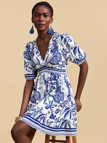 Travachic Đầm ngắn tay cánh hoa in họa tiết nhiệt đới thoải mái dành cho nữ, thích hợp cho kỳ nghỉ. - Nhiều màu - Xem 7