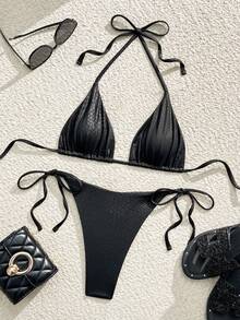 Swim SXY 2件套性感黑色动物纹细肩带露背三角比基尼泳衣，适合春夏海滩穿着 - 黑色 - 查看 3
