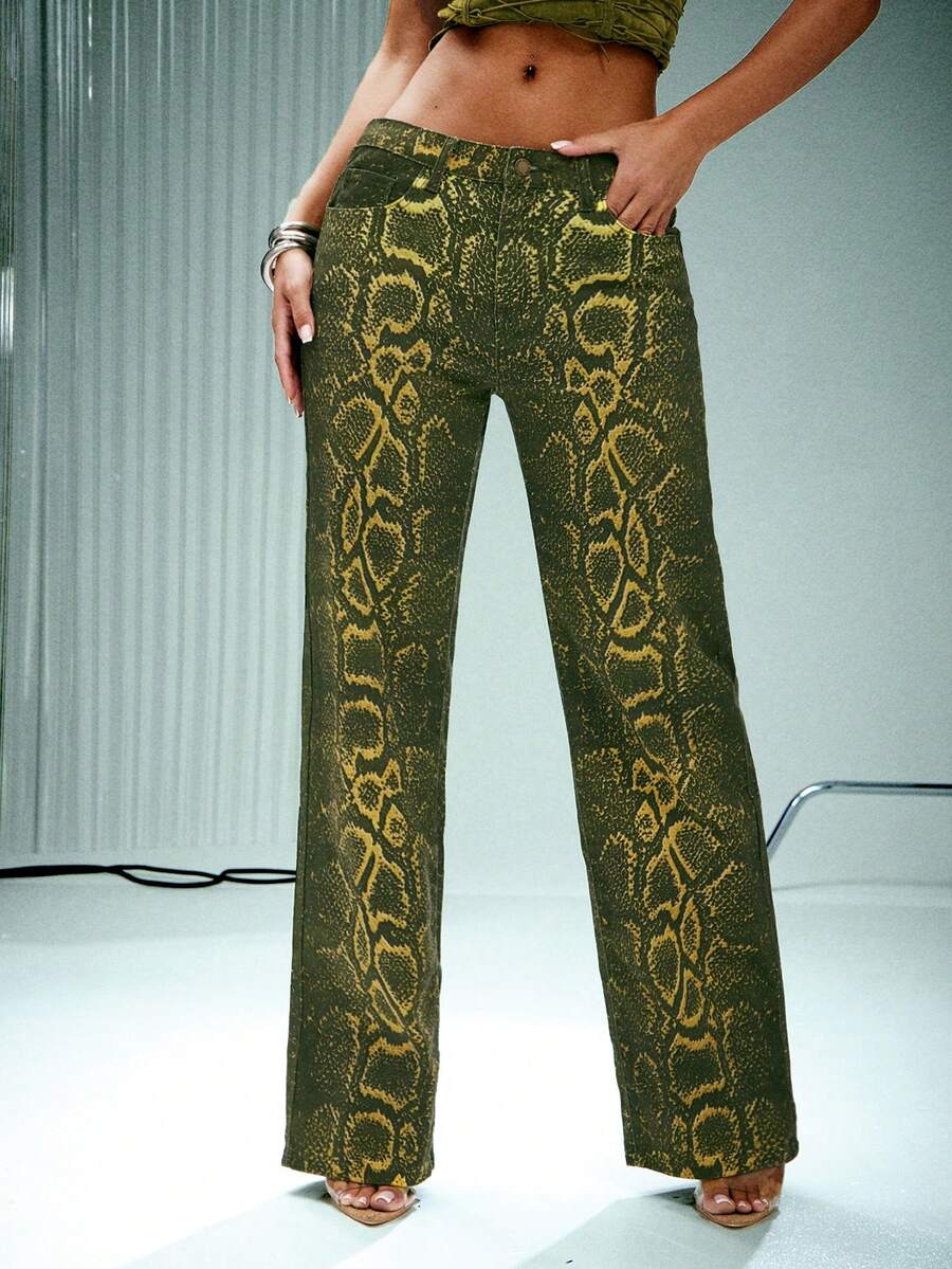 Denimoi 蛇纹直筒牛仔裤 时尚辣妹穿搭 GNO演唱会穿搭 - 綠色 - 查看 1