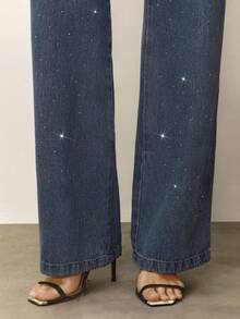 Daynim Calça Jeans Feminina Com Pedraria Strass Lavagem Média sem taxa de importação - Lavagem clara - Visão 5
