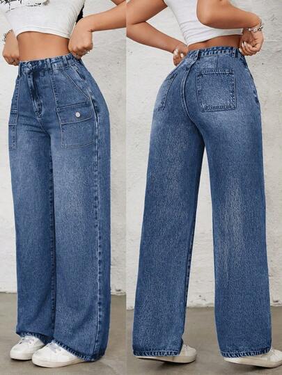 IDYLLIC Pantalones baggy Wide leg jeans mujer Vaqueros pantalón ropa casual lavada con agua cintura alta pantalones vaqueros pantalon de mezclilla dama pantalones cargo de mujer