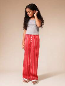 SUMWON Tween Ribbed Tank Top And Vertical Striped Wide Leg Pants Co-Ord Set Summer Casual Outfit - Orange - View 6