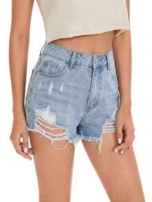 Rivivi 女士休闲做旧口袋纽扣毛边牛仔短裤，日常百搭 - 藍色 - 查看 8