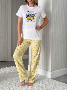 SHEIN Cotton 2pcs Women Limon Print Short And Limoncello Print Top Homewear Pajama Set - Yellow - View 6