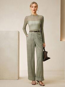 Anewsta Women's Fashionable Retro Brown Plaid Slim Fit Lightweight Long Sleeve Summer Tops - Green - View 6