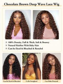 巧克力棕色深波浪卷发真人发假发，4x4蕾丝闭合假发，180%密度，巴西深卷透明蕾丝前额假发，真人发，预先拔毛，带婴儿发，无需胶水，女士假发 - S4 - 查看 9