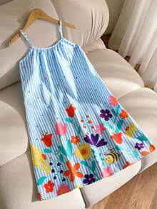 Sparklyn Vestido casual de vacaciones sin mangas con estampado de rayas de colores y volantes en el bajo para niñas preadolescentes - Azul - Ver 3