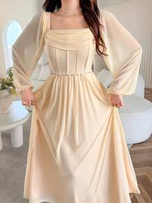 女士纯色方领长袖人字纹饰边优雅连衣裙 - 杏色 - 查看 6