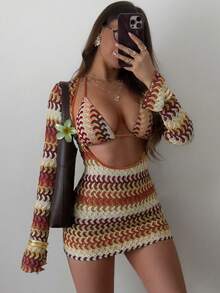 Swim SXY 3件套女士性感彩色镂空条纹罩衫，三角比基尼泳衣套装，春夏款 - 橘色 - 查看 1