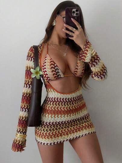 Swim SXY 3件套女士性感彩色镂空条纹罩衫，三角比基尼泳衣套装，春夏款