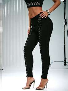Denimoi Sexy Front Cut Out Lace Up Pants Sexy Outfits Clubwear Concert Outfits High Rise Skinny Pants - Black - View 4