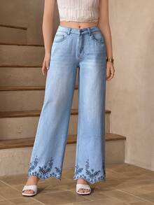 Selenza Women's Casual Everyday Denim Jeans With Pockets And Floral Embroidery Design - Blue - View 8