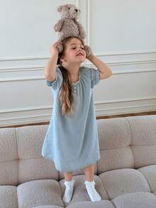DAZY Young Girl Round Neck Button Pleated Casual Nightgown - Blue - View 6