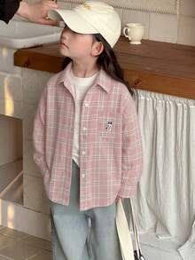 Dazy Kids 女童格子领卡通印花单排扣休闲百搭日常长袖衬衫 - 粉色 - 查看 5
