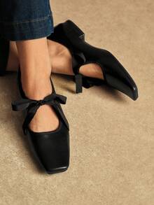 Rosivie 法式方头蝴蝶结玛丽珍鞋复古女鞋真皮平底低帮小皮鞋时尚奶奶鞋 - 黑色 - 查看 6