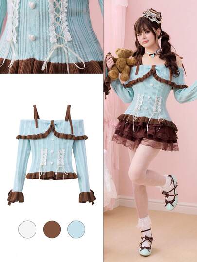 ROMWE Women's Kawaii Cute Girl One-Shoulder Lace Patchwork Contrast Color Bow Tight Pullover Sweater