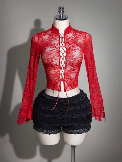 SHEIN ICON 女士纯色蕾丝拼接系带衬衫