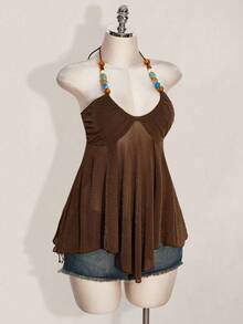 SHEIN ICON Áo nghỉ mát gợi cảm hở lưng cổ yếm lấp lánh dành cho nữ - màu nâu - Xem 8