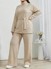 Solid Color Turtleneck Casual Soft Form Modest Sweater 2pcs/Set Lounge Date Night Apricot Autumn - Beige - View 4